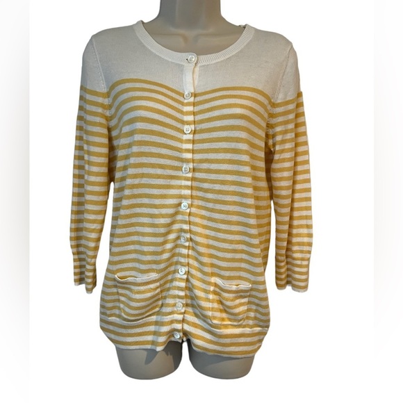 GAP Yellow and White Striped Lightweight 3/4 Sleeve Cardigan‎ Women’s Medium - Picture 1 of 11